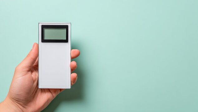 Hand holding a rectangular white device with a display
