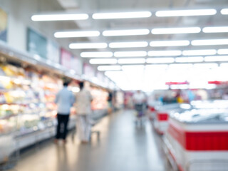 Blurred view of modern supermarket store background. Shopping in hypermarket superstore defocused bokeh light background.