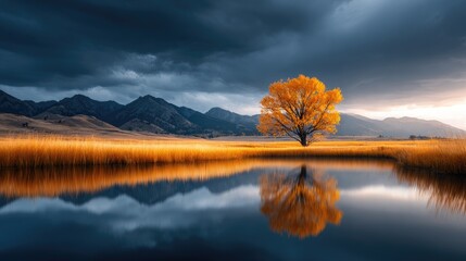 Golden autumnal tree reflected in tranquil waters.