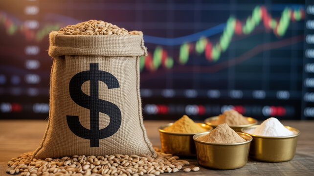 Currency fluctuation on commodities. Bag grain dollar price market fluctuation commodity finance investment economic