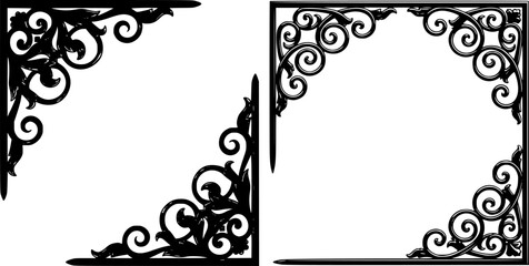 Decorative metal corner brackets, wrought iron, floral patterns, stylized swirls, geometric shapes, symmetrical designs, black metal
