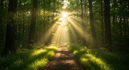 Fototapeta premium path in the forest. sunlit in the forest path with morning sunlight in the forest and big trees with lush green foliage and undergrowth. 