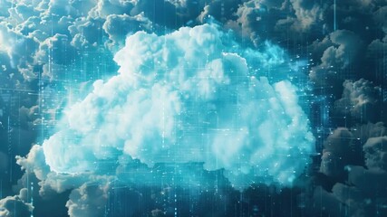 Blue cloud of data with binary code background, symbolizing digital technology and data management