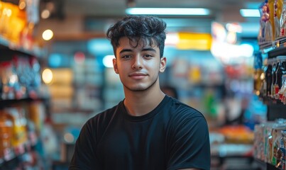 Fototapeta premium Young male cashier shop worker at small business store during the cost of living financial crisis and inflation, Generative AI