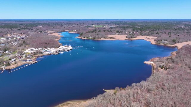 Taunton River aerial view in spring including Shaw's Boat Yard and Taunton Yacht Club in town of Dighton, Massachusetts MA, USA. 