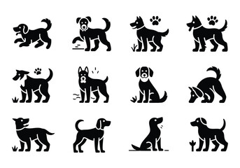 Fototapeta premium Collection of Various Dog Breed Poses in Black Silhouette Vector Illustrations for Animal Lovers and Pet Related Designs