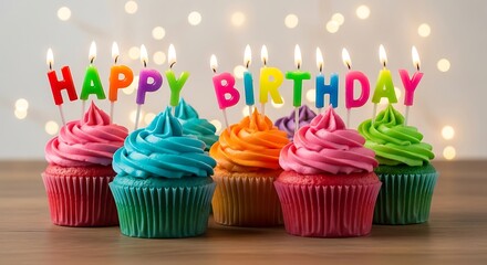 Colorful happy birthday cupcakes with lit candles and bokeh lights