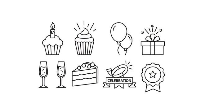 A versatile set of thin line celebration icons for birthdays and special events, featuring cake, gifts, balloons, and an award medal.