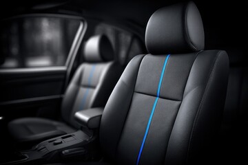 Dark car interior, black leather seats with blue accent stripes