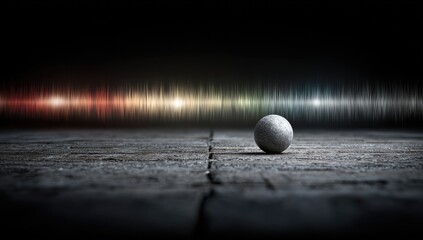 Gray sphere rests on dark stone floor; spectral audio waves