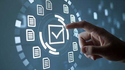 Hand touching digital interface with checkmark and document icons