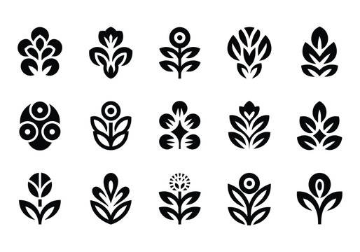 Set of minimalist botanical icons in black and white perfect for branding and design projects with natural organic themes