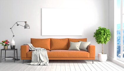 Bright Living Room Interior with Orange Sofa, Blank Canvas, and Natural Light