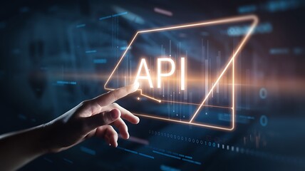 Hand touching glowing A P I interface on digital screen