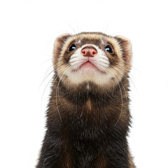 Adorable Ferret Gazing Upward with Innocent Eyes on White Background, High Detail.