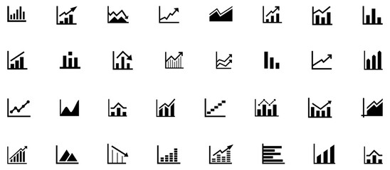 graph and chart icon, 32 icon collection, growing bar, business graphs and charts, statistics and analytics data chart vector illustration