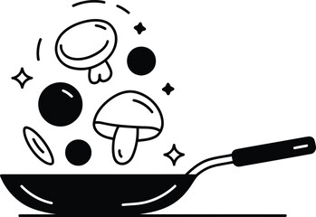 Hand drawn illustration of mushrooms and vegetables cooking in a pan