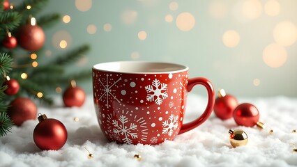 Fototapeta premium Cozy winter scene with a red holiday mug featuring snowflakes, surrounded by Christmas decorations and soft bokeh lights.