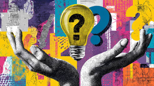 Trendy Halftone Collage Problem solving concept. Two hands hold lightbulb and question mark. Business solution. Creative mind or brainstorm. Ask for reply. Contemporary vector illustration art Stock V