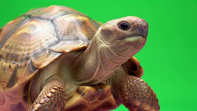 Close-up of a brown tortoise with a textured shell against a vibrant green background