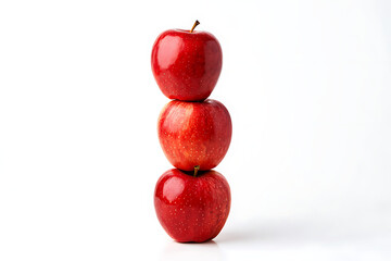 Three perfectly ripe red apples stacked vertically in a balanced tower against a clean white background