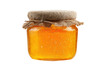 Glass Jar of Honey with Burlap Lid on Transparent Background