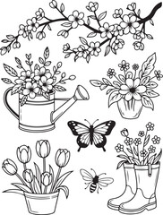 Spring Garden Line Art and Silhouette Illustration for Craft Projects


