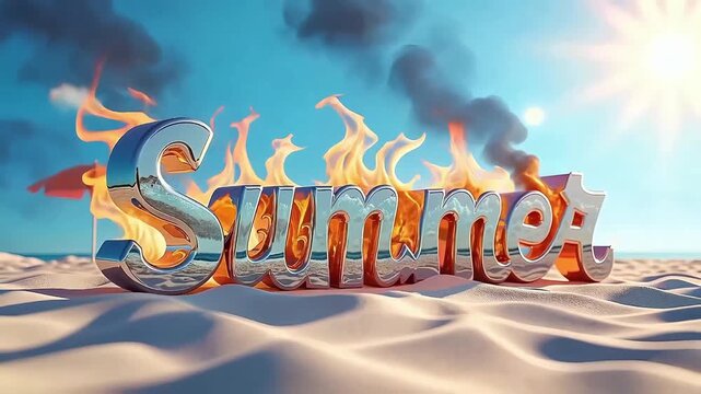A blazing summer scene with fiery chrome text on hot sand under the bright sun—this image perfectly captures the heat and energy of a tropical summer day.
