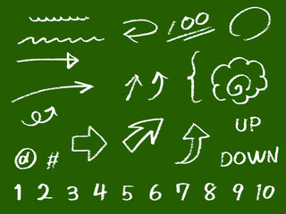 黒板にチョークで書いた矢印や数字の手書き文字イラスト　教育やプレゼン資料に使える素材セット
