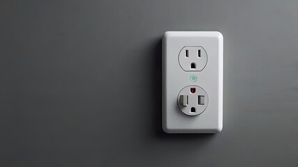 Close up shot of a standard north american duplex electrical outlet on a gray wall surface indoors