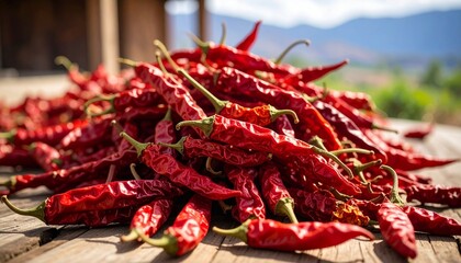 Close-up of Bright Red Chili Peppers Drying on a Rustic Wooden Background