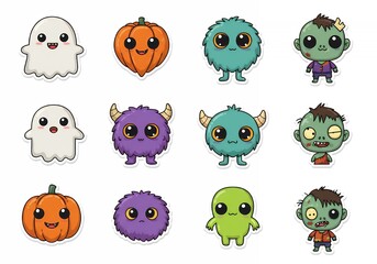 Cute Cartoon Halloween Characters Ghost, Pumpkin, Monster and Zombie