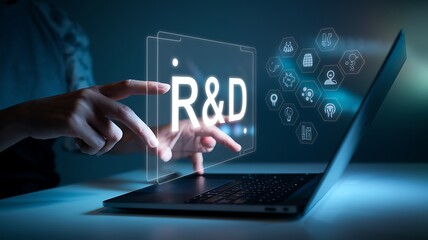 Person interacting with R& D hologram and technology icons