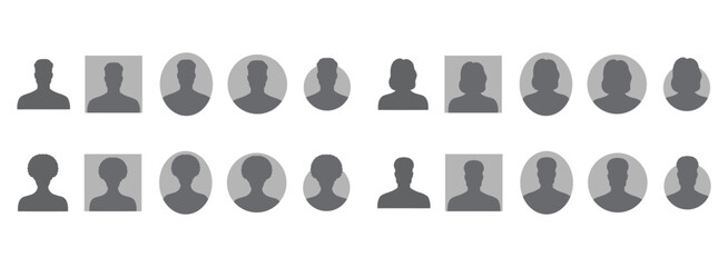  avatars or profiles male and female different races portraits, silhouettes, anonymous people icons. Man, woman, people, African American or Asian.