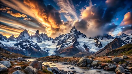 Majestic mountain peaks under a fiery sunset sky