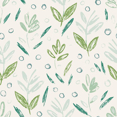 Seamless Hand-Drawn Floral and Leaf Pattern in Crayon Style