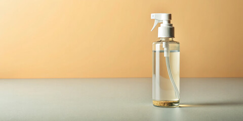 Clear liquid in a spray bottle on a minimalist surface with a warm background