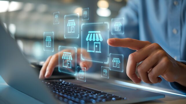 Person touching holographic storefront icons on screen
