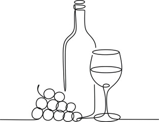 Elegant single line drawing of a wine bottle glass and grapes