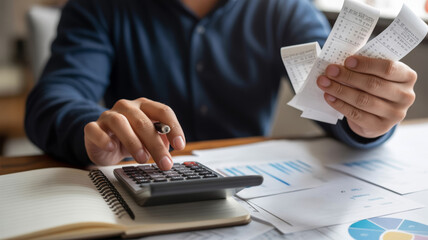 Tax finance budget, Financial accounting. Man holding receipts, using calculator, analyzing financial documents. Payment, Debt, Penalty, Credit Bill, Businessman, Money Office