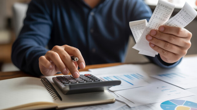 Tax finance budget, Financial accounting. Man holding receipts, using calculator, analyzing financial documents. Payment, Debt, Penalty, Credit Bill, Businessman, Money Office - Powered by Adobe