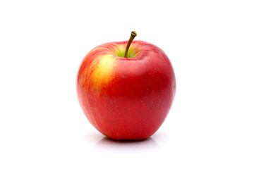 A single ripe red apple with a stem and a hint of yellow and green against a clean white background