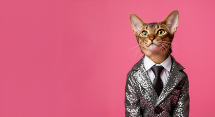 Abyssinian cat in sparkly suit and tie portrait. Formal business attire for corporate pet photography and luxury brand advertising campaigns