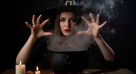 Woman in witch hat casting spell over cauldron with candles. Halloween sorceress brewing potion for spooky celebration and mystical ritual entertainment