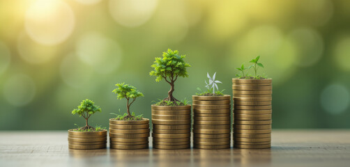 Financial growth represented by increasing stacks of coins with small trees, showcasing the relationship between money and sustainability