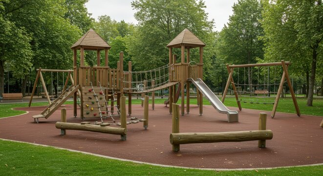 A playground with wooden structures including a slide swings and climbing frame in a park area trees around