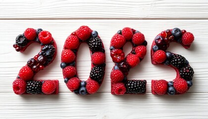Vibrant mixed berriesraspberries, blackberries, blueberries, redcurrantsarranging numeric shape 2025 on rustic white wooden surface, marking festive seasonal welcome