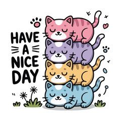 Four cute cartoon cats stacked on top of each other