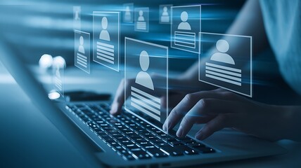 Person typing on laptop with digital profile cards floating