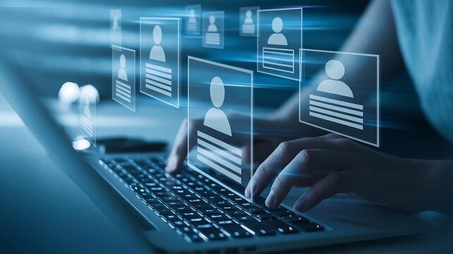 Person typing on laptop with digital profile cards floating